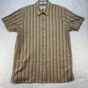 Orvis Shirt Womens Size 8 Small Wrinkle Free Gold Tan Brown Striped Short Sleeve